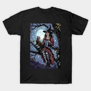 Knitting Witch and Cat by Moonlight T-Shirt